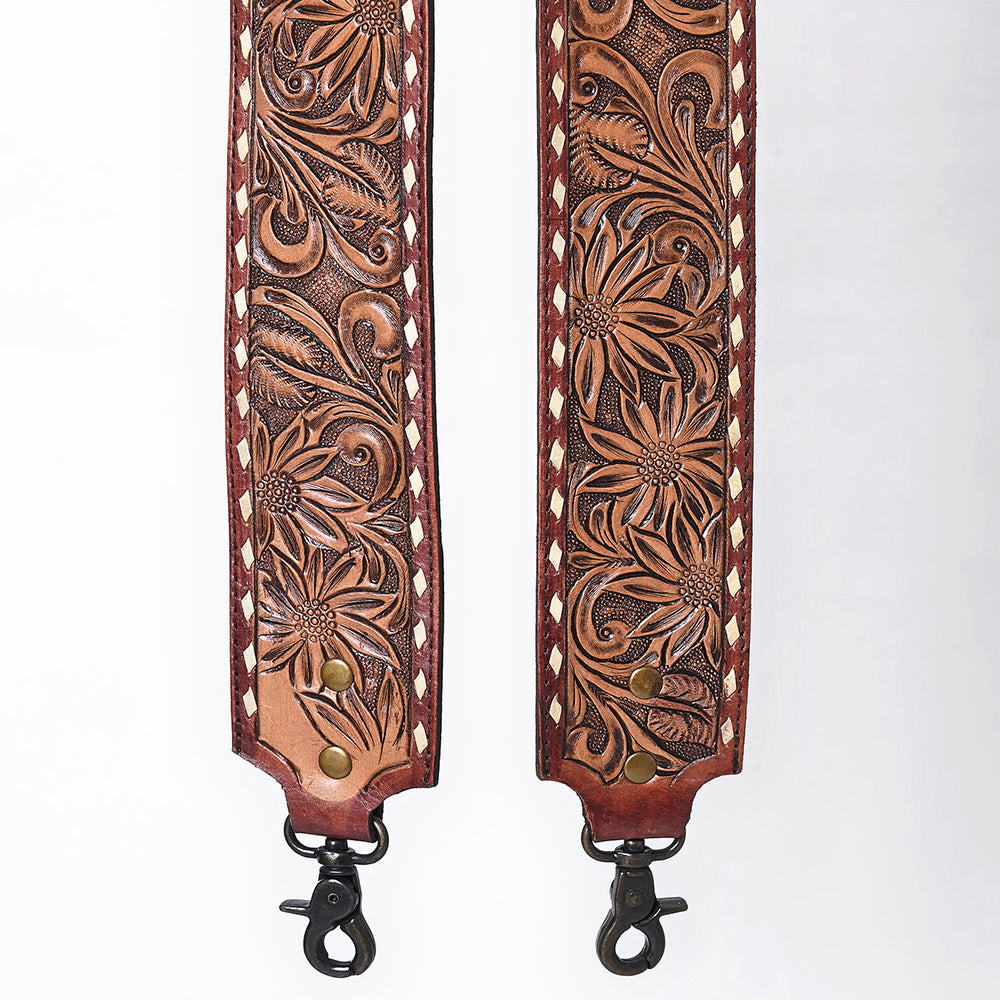 ADBT147 Wide Hand-Tooled Leather Bag Strap with Whipstitch Edges - Western Floral Carved Replacement