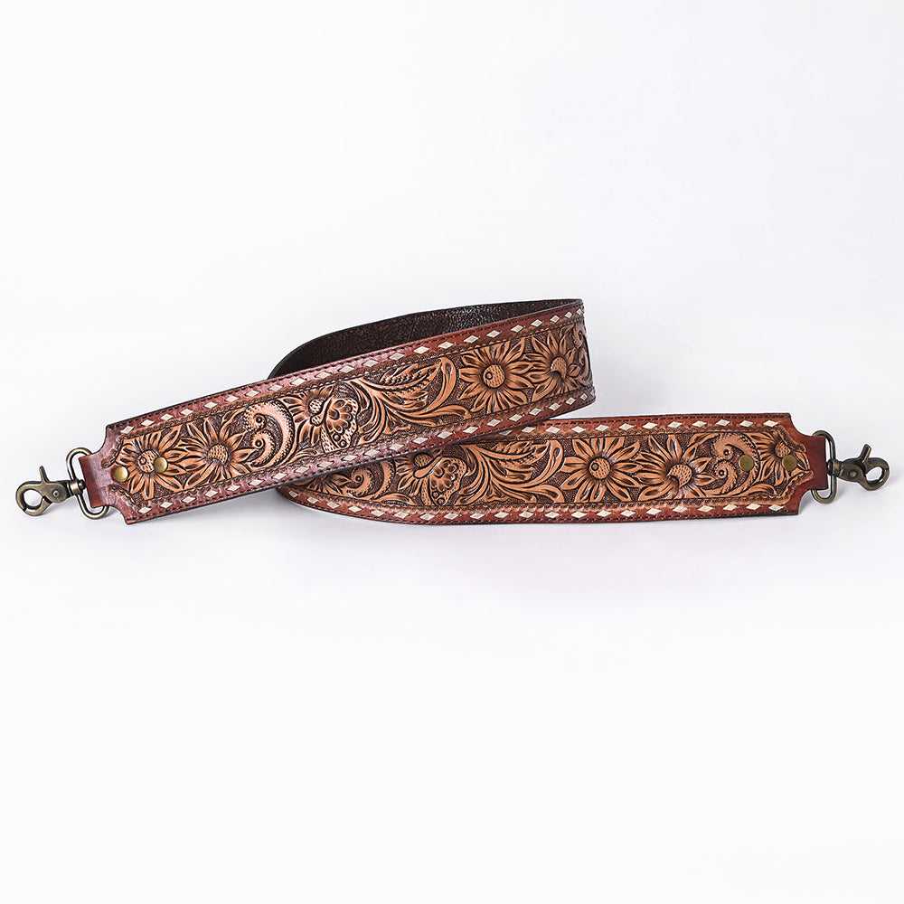 ADBT147 Wide Hand-Tooled Leather Bag Strap with Whipstitch Edges - Western Floral Carved Replacement