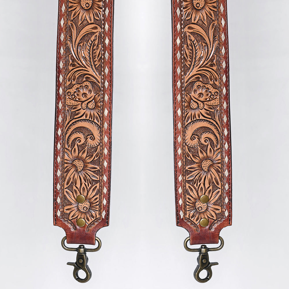 ADBT147 Wide Hand-Tooled Leather Bag Strap with Whipstitch Edges - Western Floral Carved Replacement