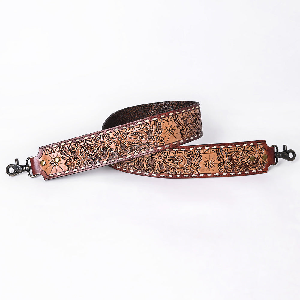 ADBT147 Wide Hand-Tooled Leather Bag Strap with Whipstitch Edges - Western Floral Carved Replacement