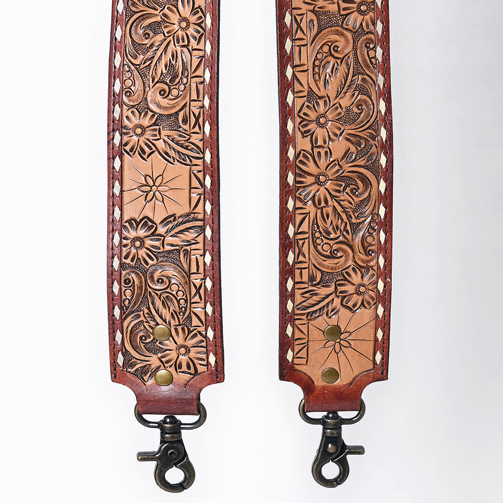 ADBT147 Wide Hand-Tooled Leather Bag Strap with Whipstitch Edges - Western Floral Carved Replacement