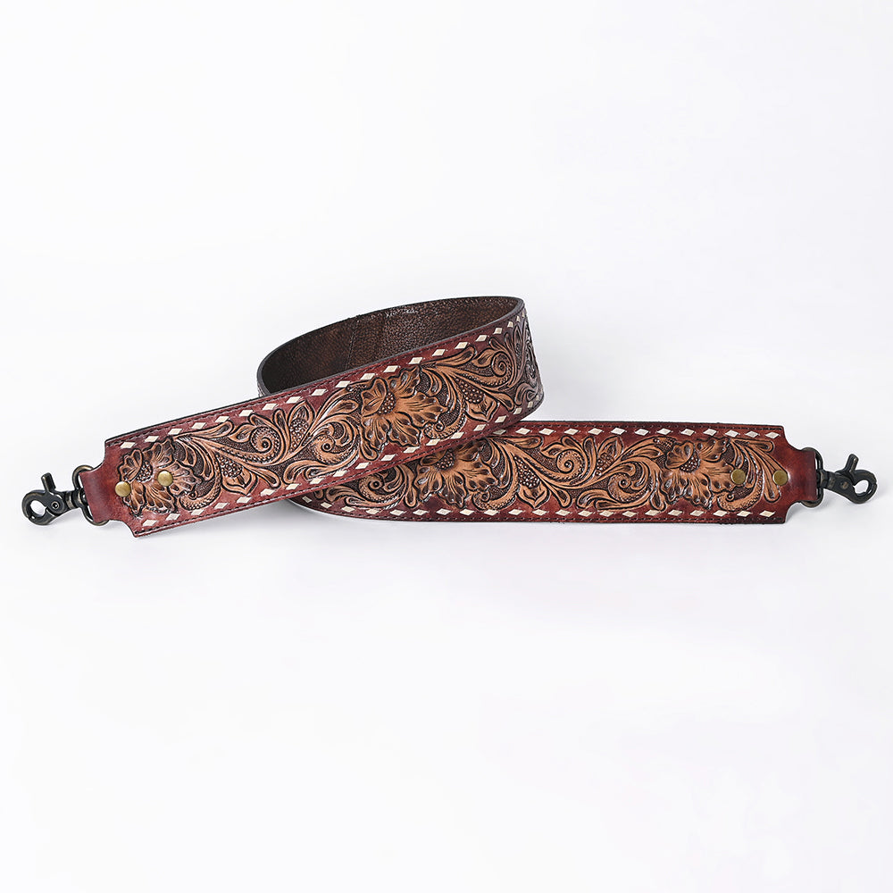 ADBT147 Wide Hand-Tooled Leather Bag Strap with Whipstitch Edges - Western Floral Carved Replacement