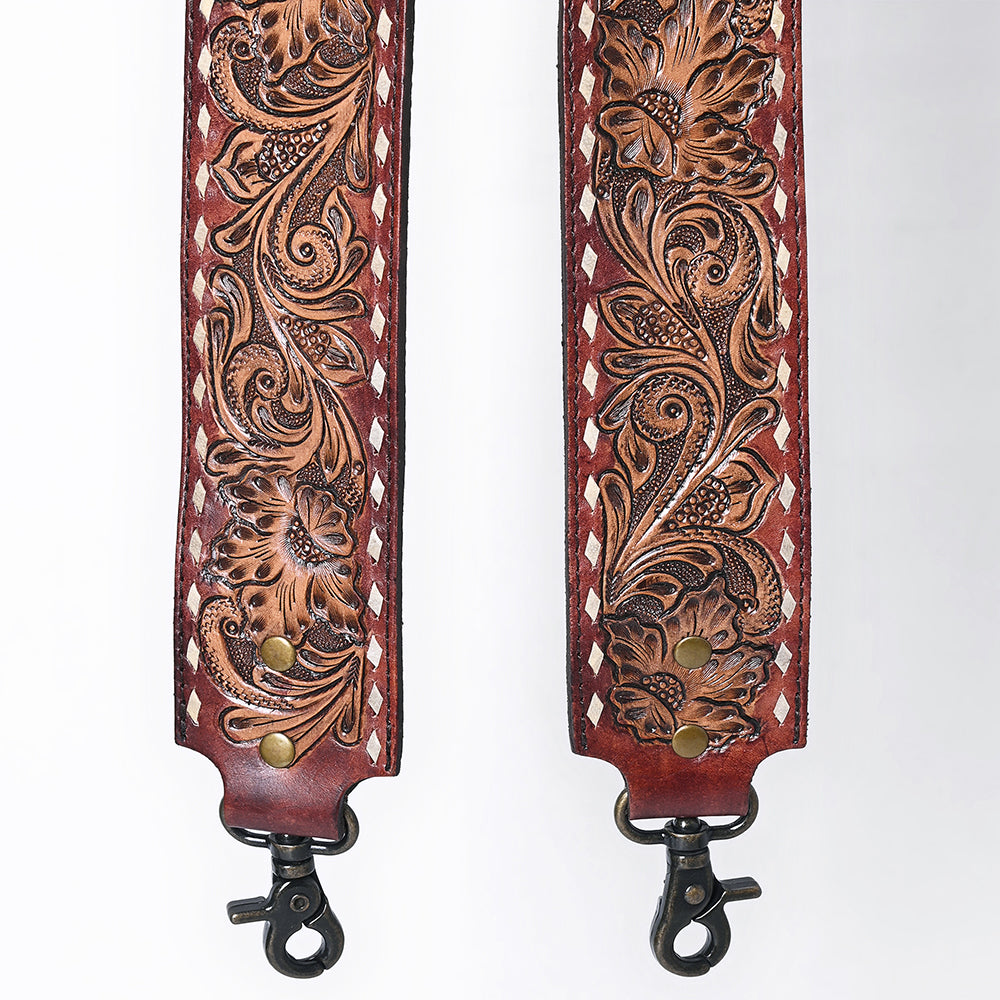 ADBT147 Wide Hand-Tooled Leather Bag Strap with Whipstitch Edges - Western Floral Carved Replacement