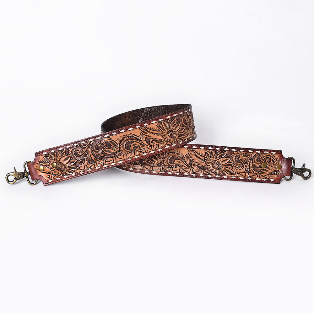 ADBT147 Wide Hand-Tooled Leather Bag Strap with Whipstitch Edges - Western Floral Carved Replacement