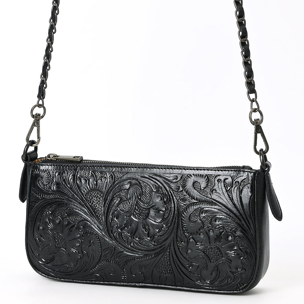 ADBGZ903A Black Hand-Tooled Genuine Leather Crossbody Bag with Chain Strap