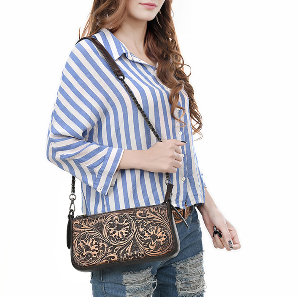 ADBGZ903 Hand-Tooled Genuine Leather Crossbody Bag with Chain Strap