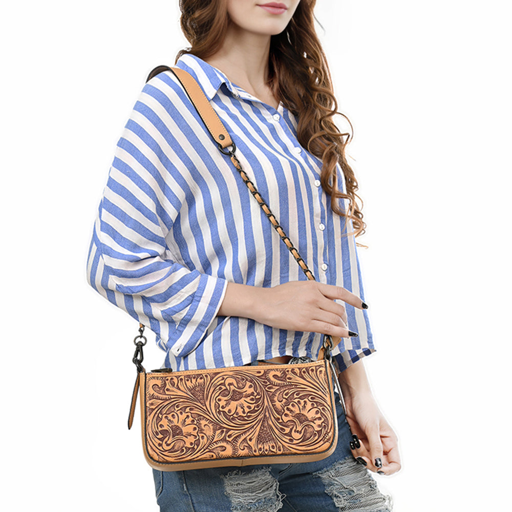 ADBGZ903 Hand-Tooled Genuine Leather Crossbody Bag with Chain Strap