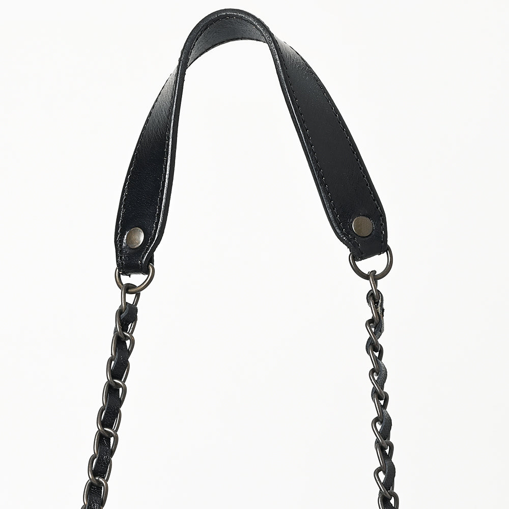 ADBGZ904A Black Hand-Tooled Genuine Leather Curved Messenger Bag with Chain Strap