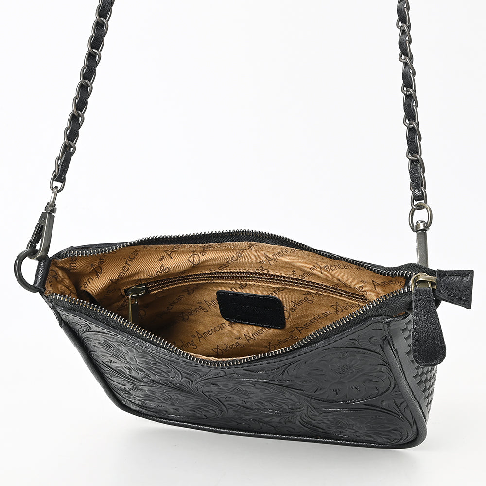 ADBGZ904A Black Hand-Tooled Genuine Leather Curved Messenger Bag with Chain Strap