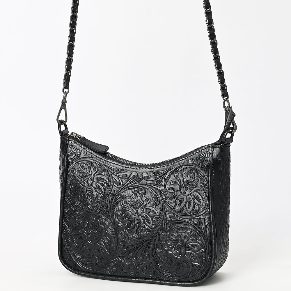 ADBGZ904A Black Hand-Tooled Genuine Leather Curved Messenger Bag with Chain Strap