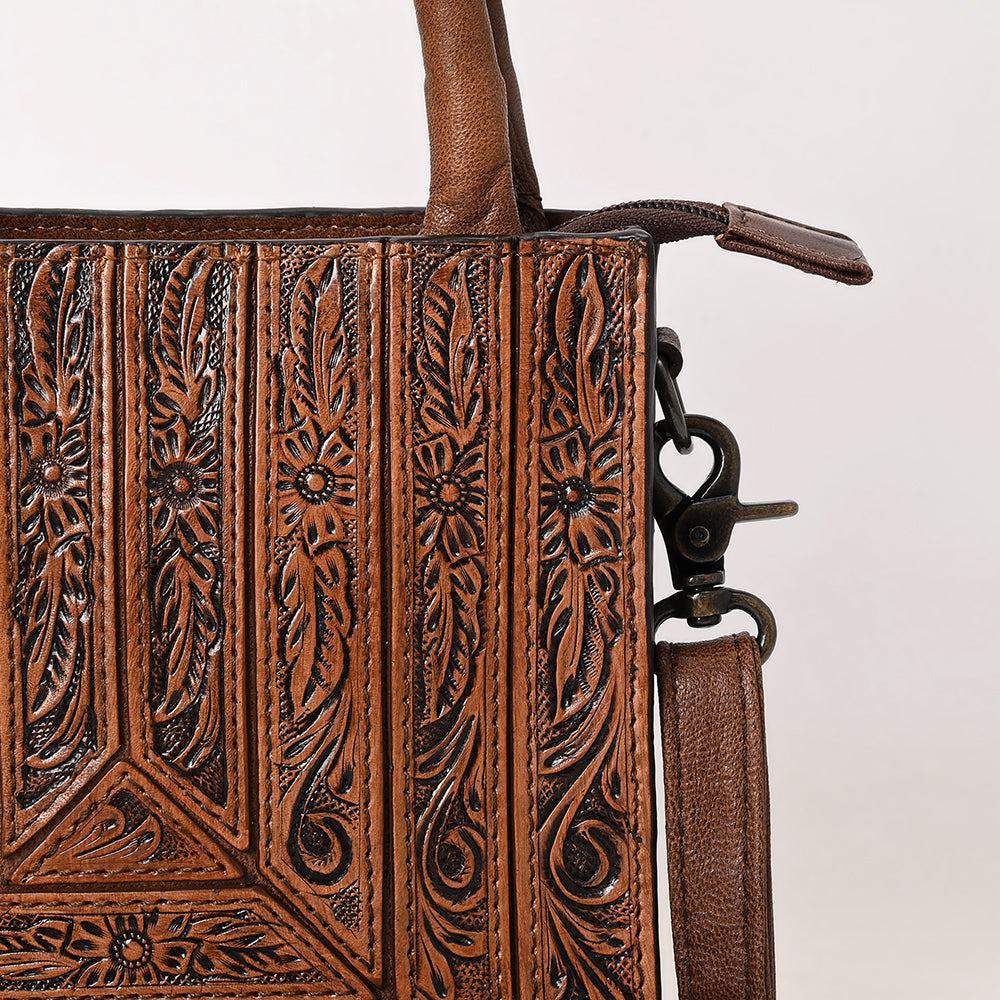 ADBG1608 Compact Handtooled Leather Crossbody Tote Bag with Geometric Floral Pattern