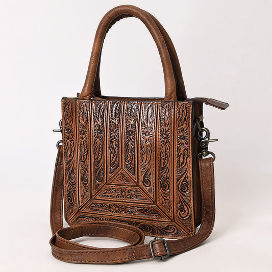 ADBG1608 Compact Handtooled Leather Crossbody Tote Bag with Geometric Floral Pattern