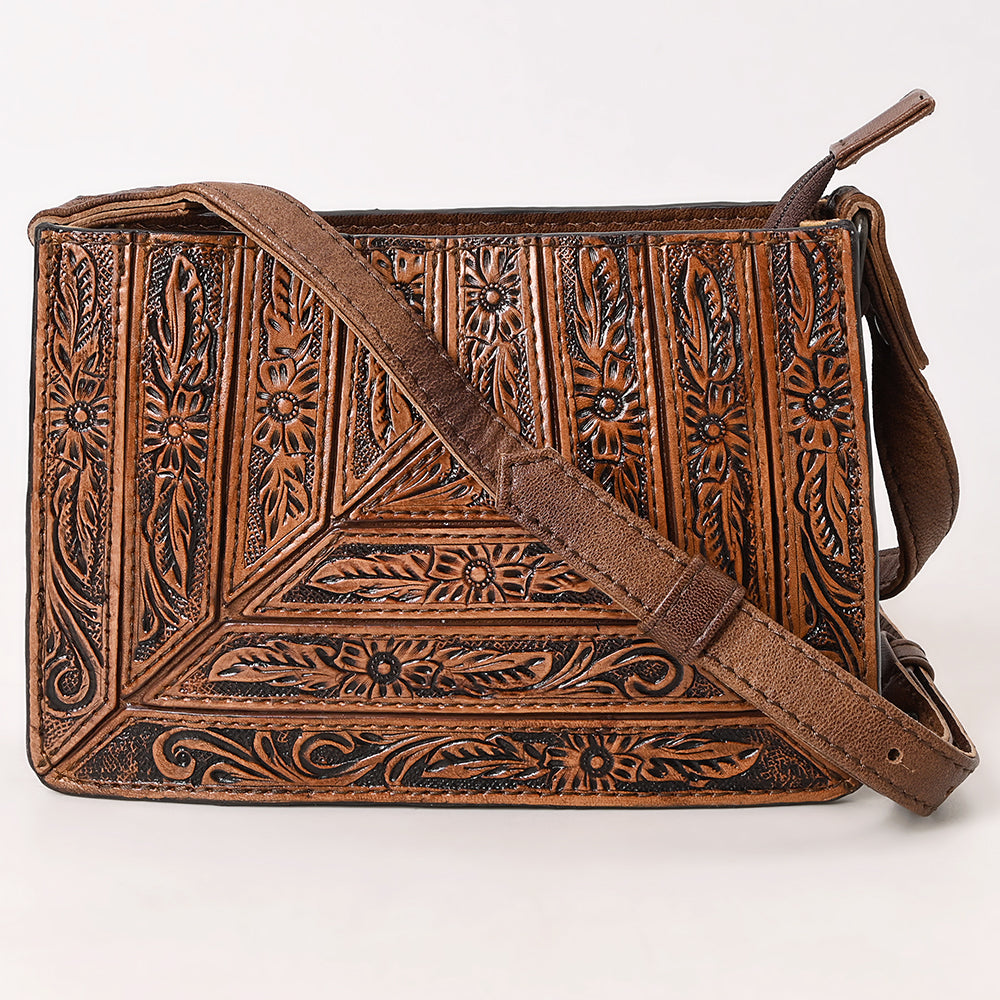 ADBG1609 Horizontal Tooled Leather Crossbody Bag with Geometric Floral Pattern