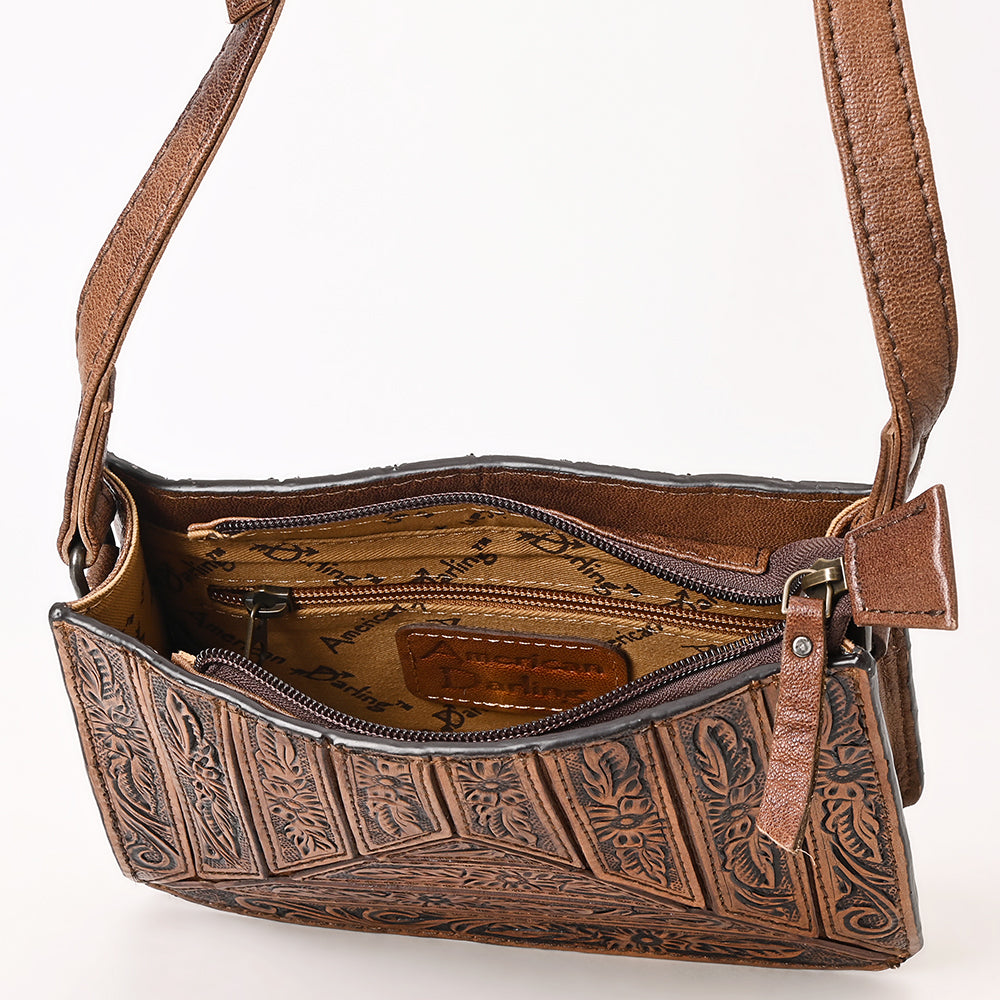 ADBG1609 Horizontal Tooled Leather Crossbody Bag with Geometric Floral Pattern