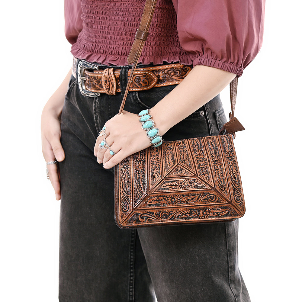 ADBG1609 Horizontal Tooled Leather Crossbody Bag with Geometric Floral Pattern
