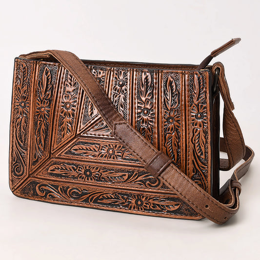 ADBG1609 Horizontal Tooled Leather Crossbody Bag with Geometric Floral Pattern