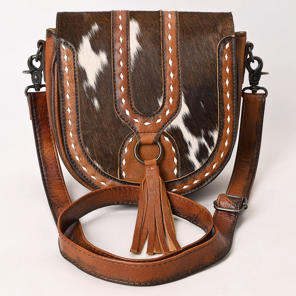 ADBG1610 Hair-On Cowhide Saddle Crossbody Bag with Leather Tassel & Western Stitching