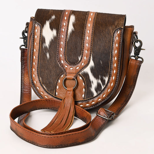 ADBG1610 Hair-On Cowhide Saddle Crossbody Bag with Leather Tassel & Western Stitching