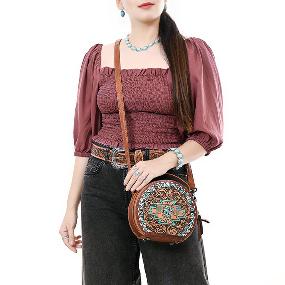 ADBG1611 Round Tribal Thunderbird Tooled Leather Canteen Bag with Turquoise Accents