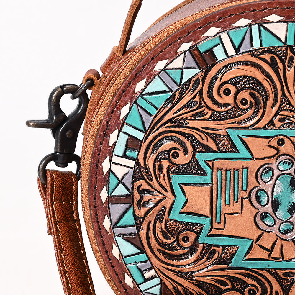 ADBG1611 Round Tribal Thunderbird Tooled Leather Canteen Bag with Turquoise Accents