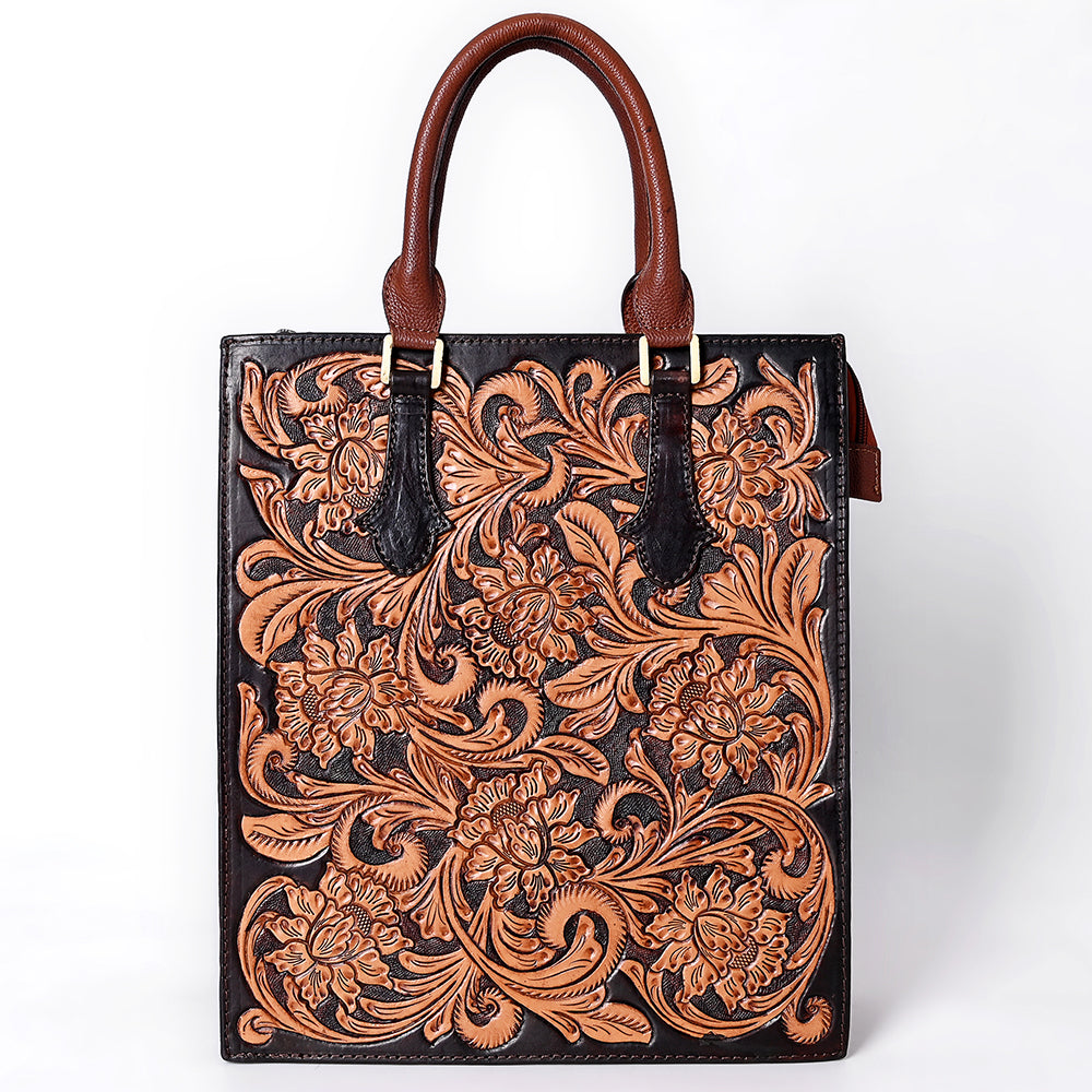 ADBGA642 Hand-Tooled Leather Tall Tote Bag with Floral Carving & Rolled Handles