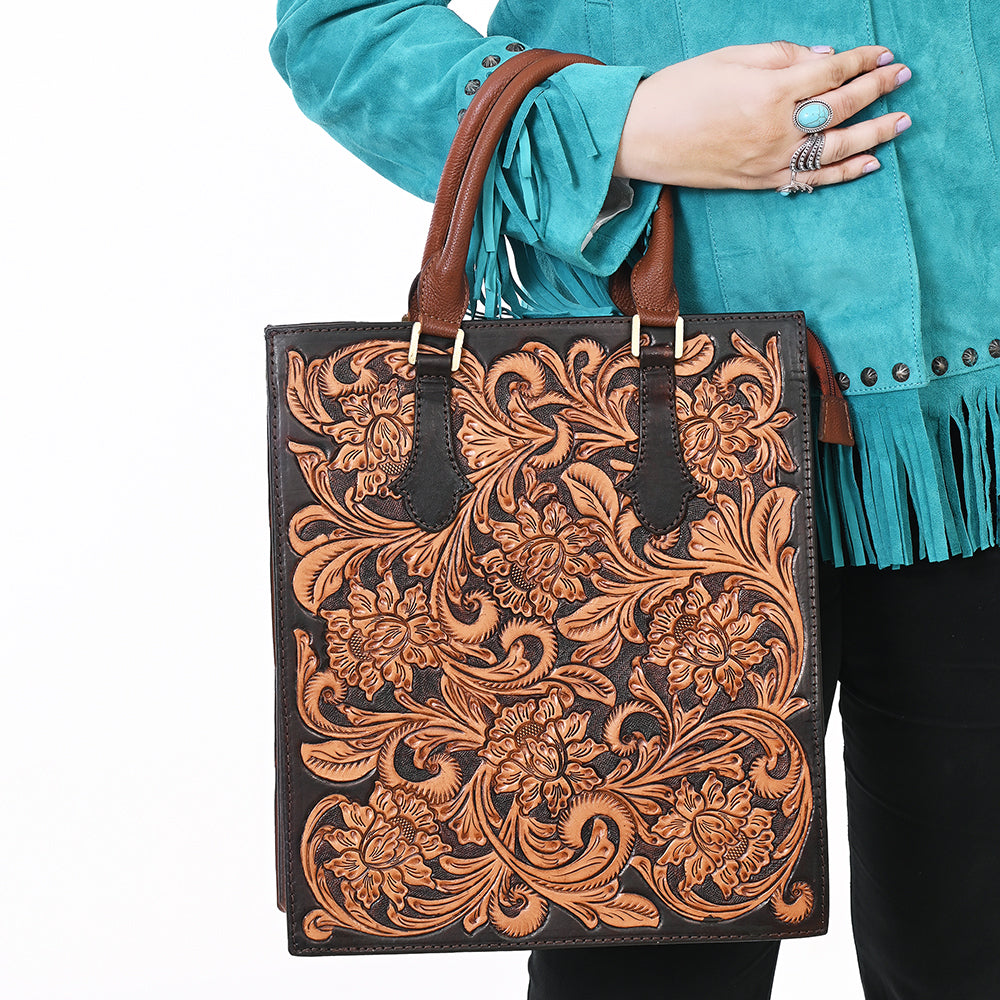 ADBGA642 Hand-Tooled Leather Tall Tote Bag with Floral Carving & Rolled Handles