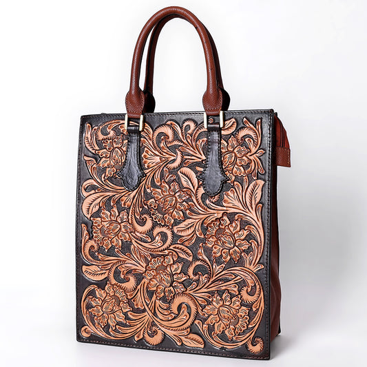 ADBGA642 Hand-Tooled Leather Tall Tote Bag with Floral Carving & Rolled Handles