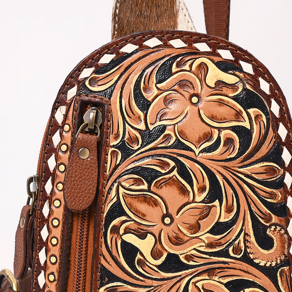 ADBGA651 Tooled Leather Sling Backpack with Cowhide Inlay & White Lacing Trim