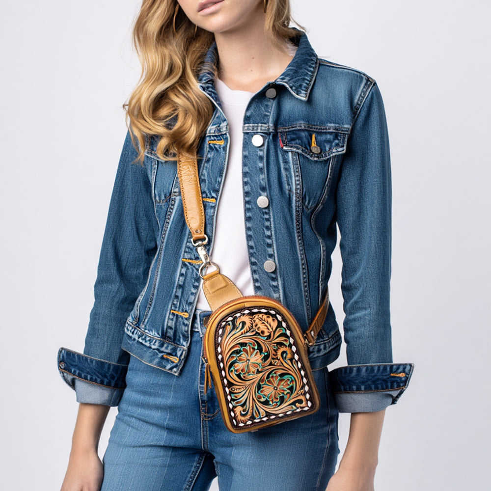 ADBGA652 Floral Tooled Leather & Cowhide Sling Backpack with Teardrop Panel Design