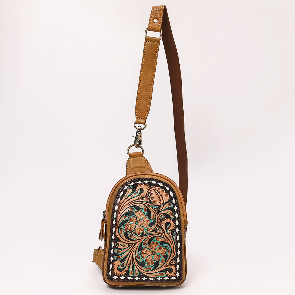 ADBGA652 Floral Tooled Leather & Cowhide Sling Backpack with Teardrop Panel Design