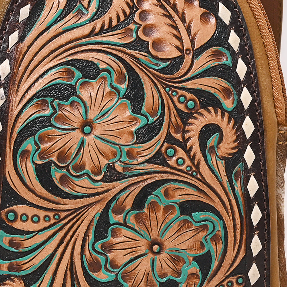 ADBGA652 Floral Tooled Leather & Cowhide Sling Backpack with Teardrop Panel Design