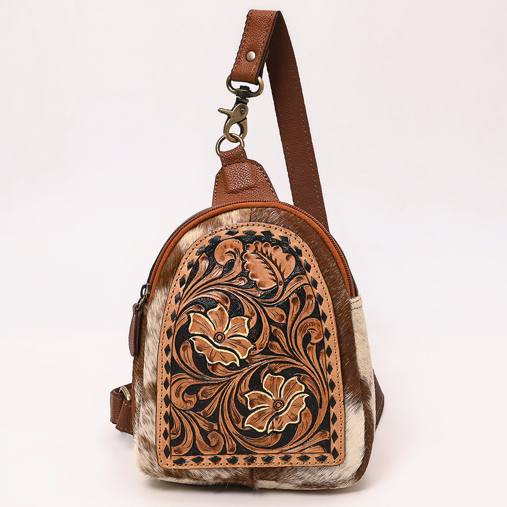 ADBGA652 Floral Tooled Leather & Cowhide Sling Backpack with Teardrop Panel Design