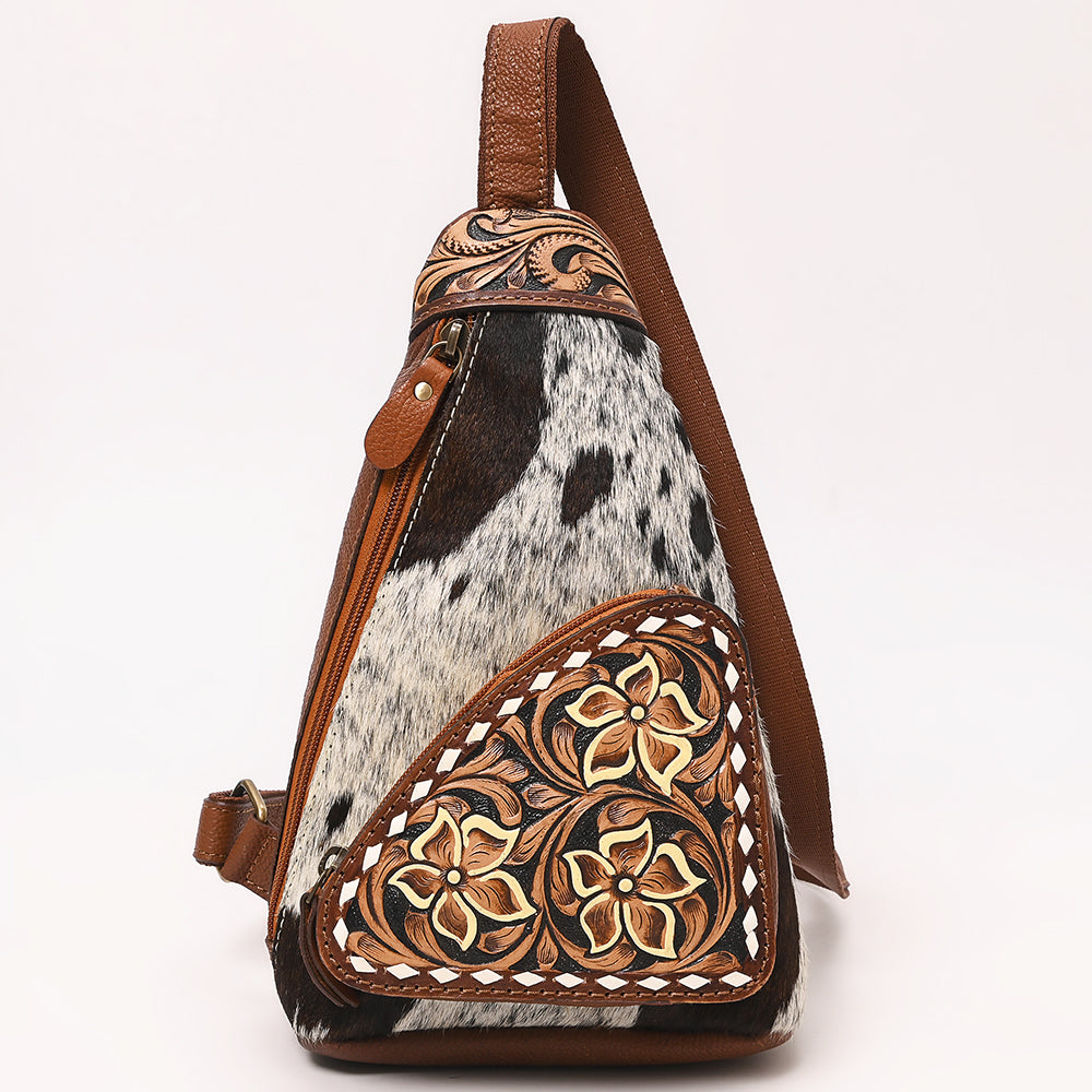 ADBGA655 Tri-Color Cowhide Sling Backpack with Tooled Leather Floral Pocket & Western Yoke