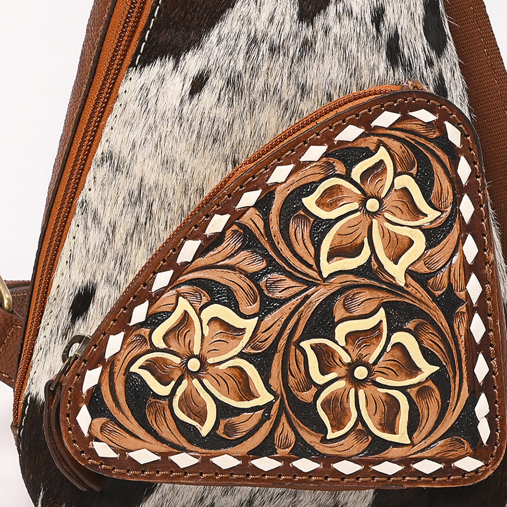 ADBGA655 Tri-Color Cowhide Sling Backpack with Tooled Leather Floral Pocket & Western Yoke