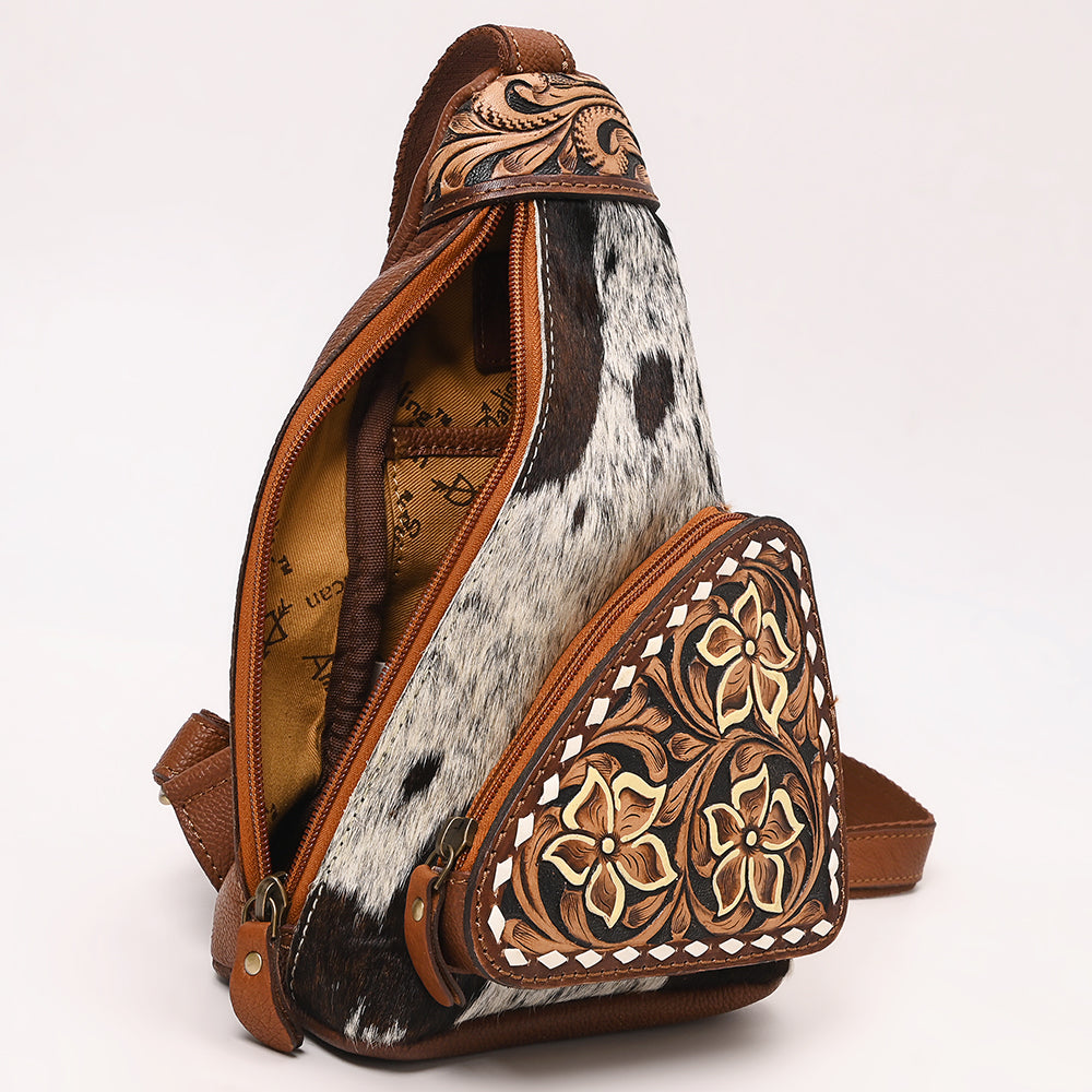 ADBGA655 Tri-Color Cowhide Sling Backpack with Tooled Leather Floral Pocket & Western Yoke