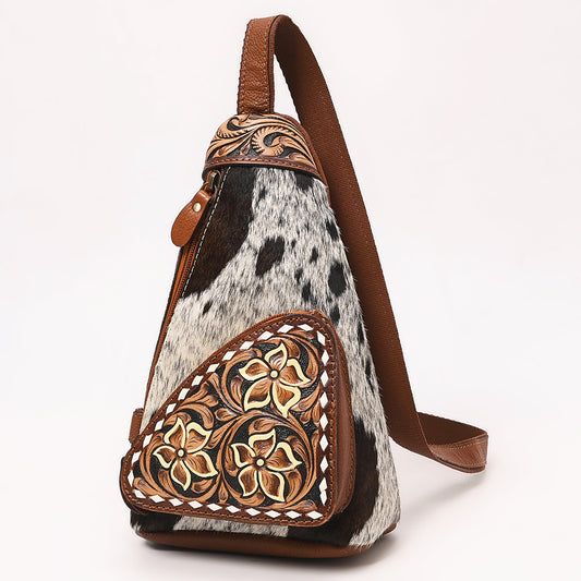 ADBGA655 Tri-Color Cowhide Sling Backpack with Tooled Leather Floral Pocket & Western Yoke