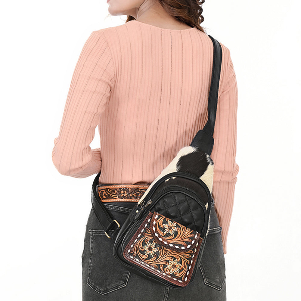 ADBGA657 Western Cowhide & Hand-Tooled Leather Sling Backpack-Black Quilted with Floral Accents