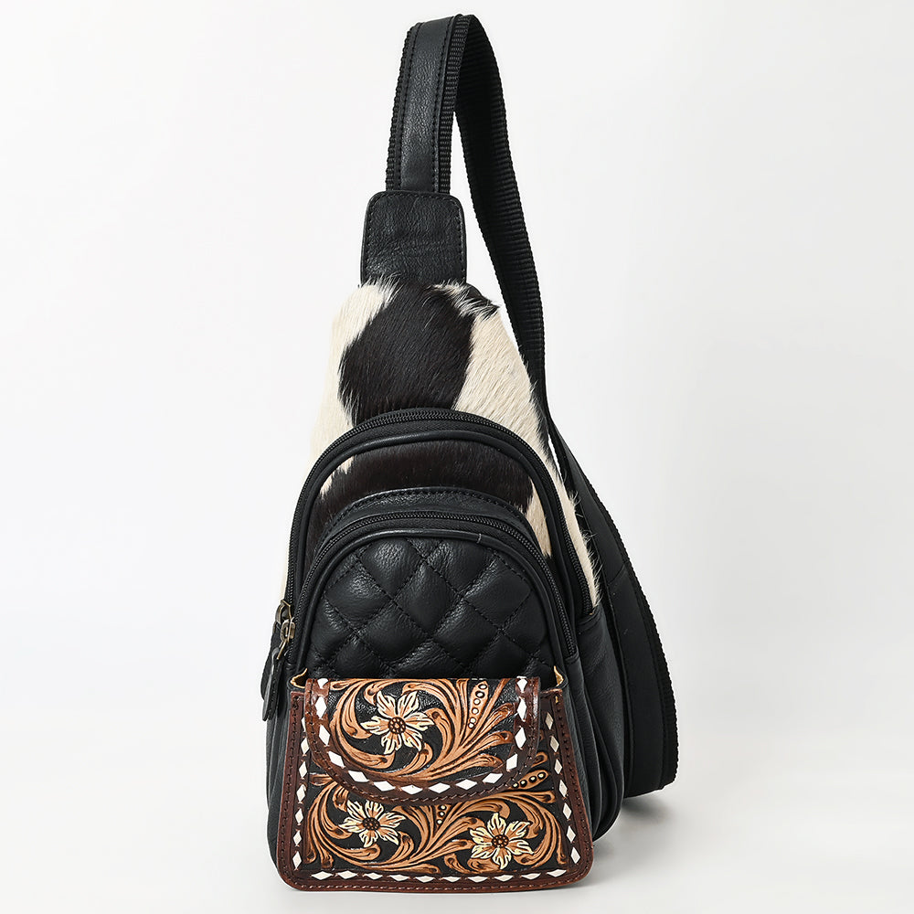 ADBGA657 Western Cowhide & Hand-Tooled Leather Sling Backpack-Black Quilted with Floral Accents