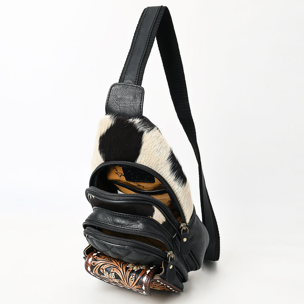 ADBGA657 Western Cowhide & Hand-Tooled Leather Sling Backpack-Black Quilted with Floral Accents