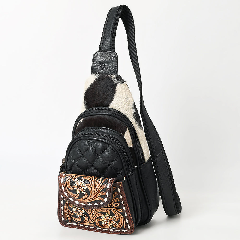 ADBGA657 Western Cowhide & Hand-Tooled Leather Sling Backpack-Black Quilted with Floral Accents