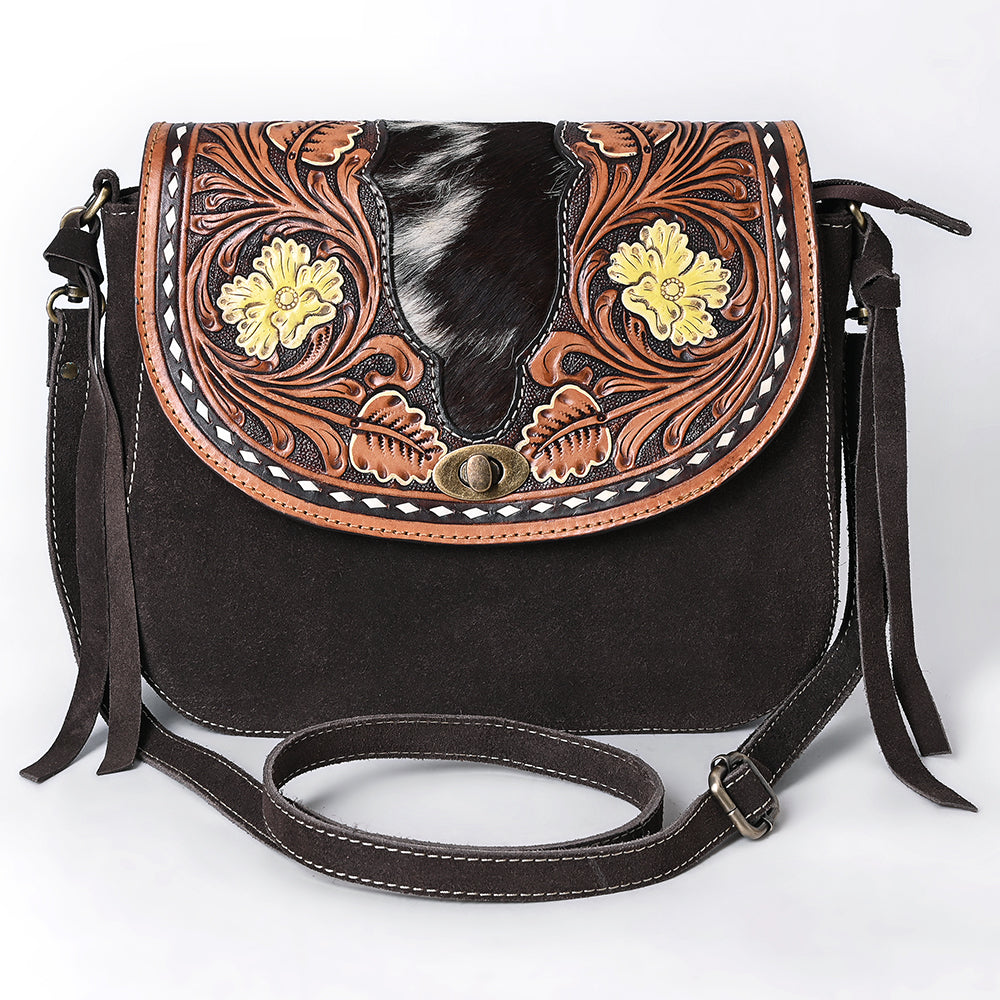 ADBGA660 Western Cowhide & Tooled Leather Genuine suede Crossbody Bag with Floral Accents-Dark Brown