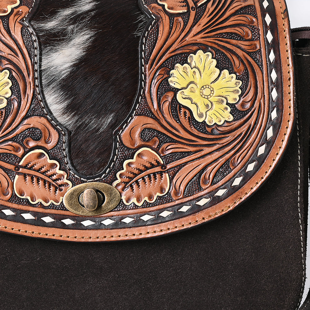 ADBGA660 Western Cowhide & Tooled Leather Genuine suede Crossbody Bag with Floral Accents-Dark Brown
