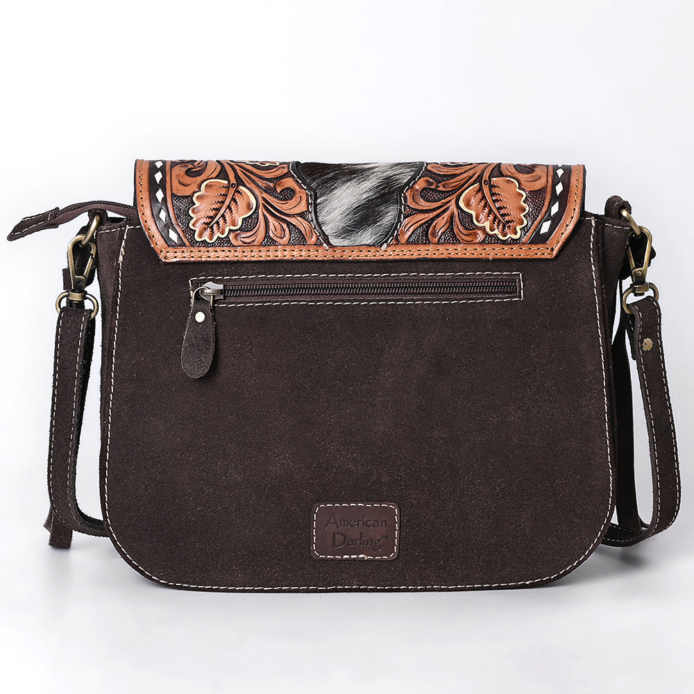 ADBGA660 Western Cowhide & Tooled Leather Genuine suede Crossbody Bag with Floral Accents-Dark Brown