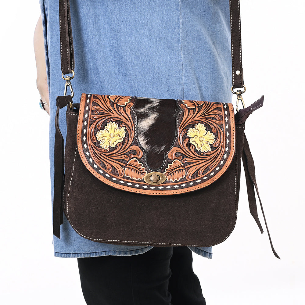 ADBGA660 Western Cowhide & Tooled Leather Genuine suede Crossbody Bag with Floral Accents-Dark Brown