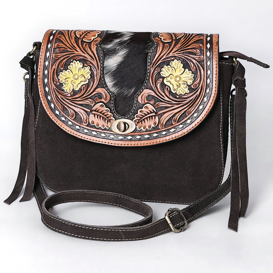 ADBGA660 Western Cowhide & Tooled Leather Genuine suede Crossbody Bag with Floral Accents-Dark Brown