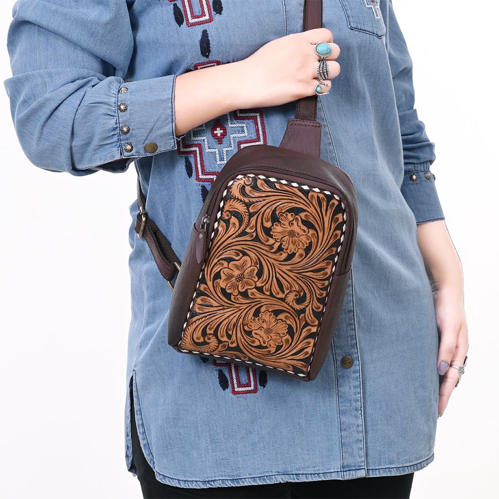 ADBGA661 Hand-Tooled Leather Western Sling Backpack-Brown Floral Scroll Design