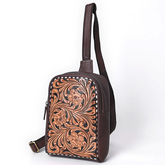 ADBGA661 Hand-Tooled Leather Western Sling Backpack-Brown Floral Scroll Design