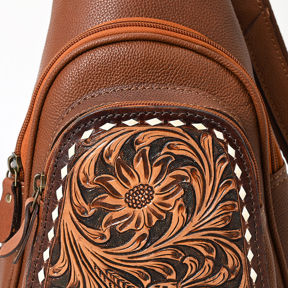 ADBGA662 Brown Leather Sling Backpack with Tooled Floral Front Pocket