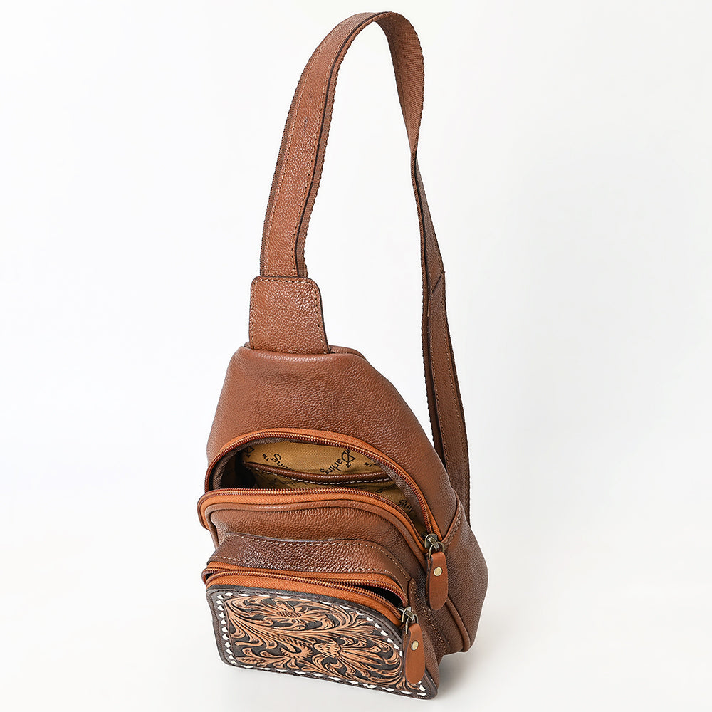 ADBGA662 Brown Leather Sling Backpack with Tooled Floral Front Pocket