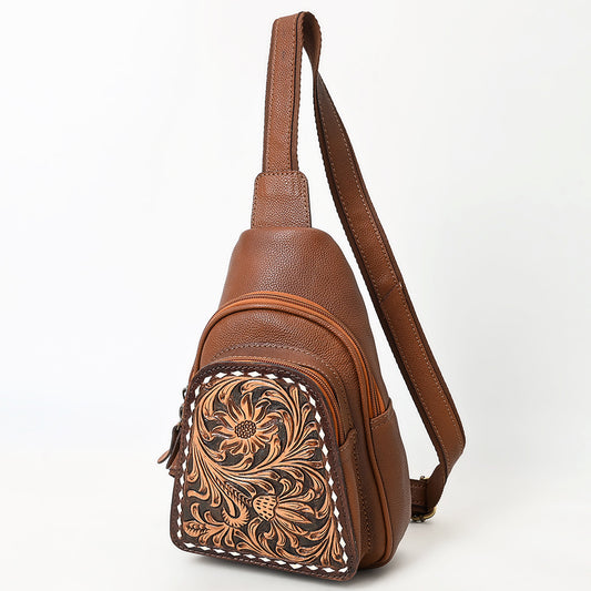 ADBGA662 Brown Leather Sling Backpack with Tooled Floral Front Pocket